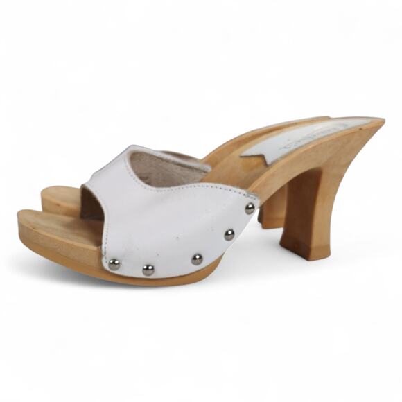 Vintage 1980s Candies White Leather Wooden Platform Mules Heels Sandals Studded - Picture 6 of 13